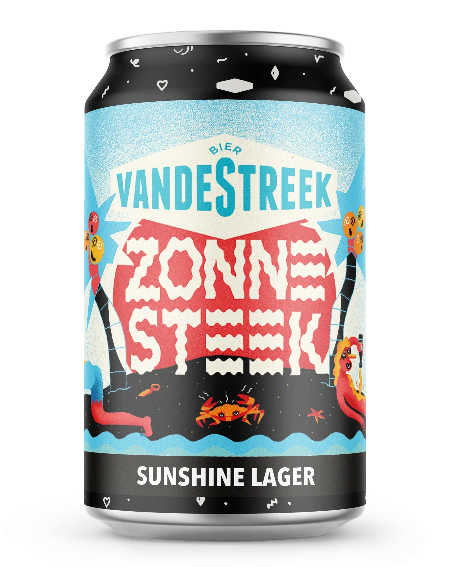 Blikje Van de Streek Zonnessteek bier, een Sunshine Lager met kleurrijk etiket vol zomerse illustraties.