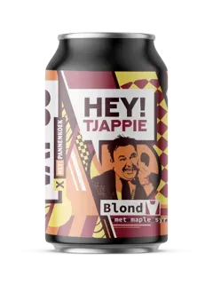 Kleurrijk blik Hey! Tjappie van Bier met Pannenkoek. Blond bier met maple syrup en een knipoog naar retro tv.
