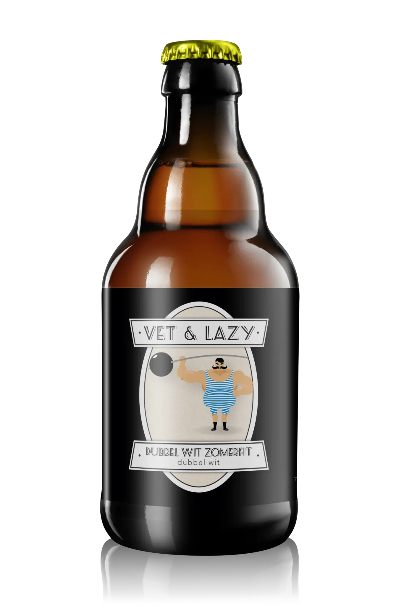 Fles bier met geel dopje en etiket van Vet & Lazy. Sterke man in retro outfit. Zomerfit dubbel wit. Bier met karakter.