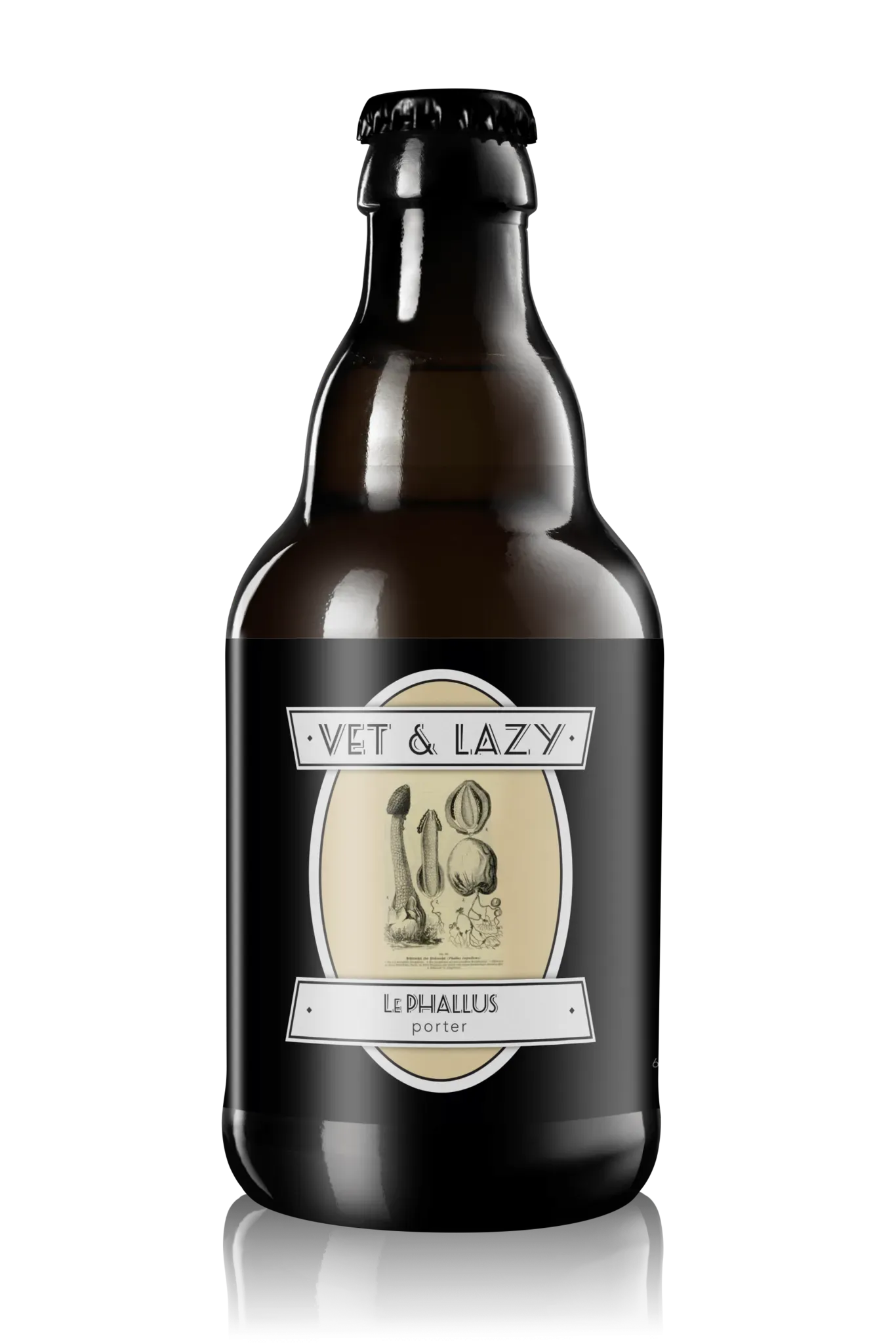 Fles Le Phallus porter bier van Vet & Lazy met zwart etiket en vintage illustratie van paddenstoelen, 33cl