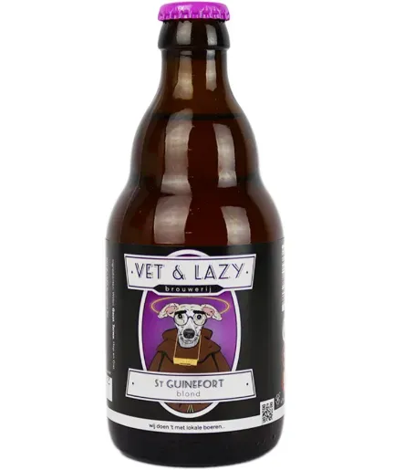 Bruine fles bier St Guinefort van Vet & Lazy. Blond bier met humoristisch label en lokale flair uit Rotterdam.