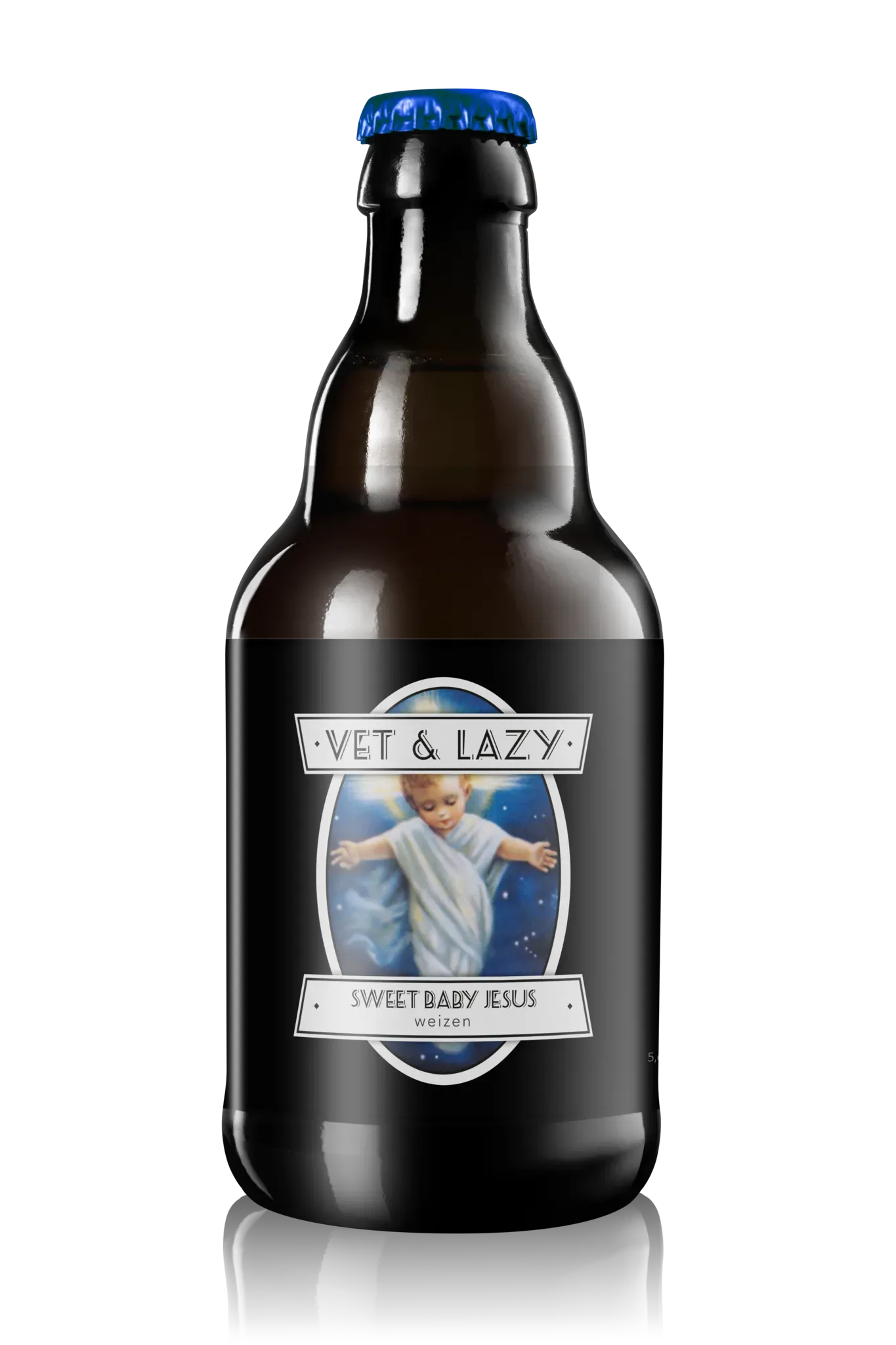 Flesje bier van Vet & Lazy met etiket 'Sweet Baby Jesus', afbeelding van baby Jezus, type weizen