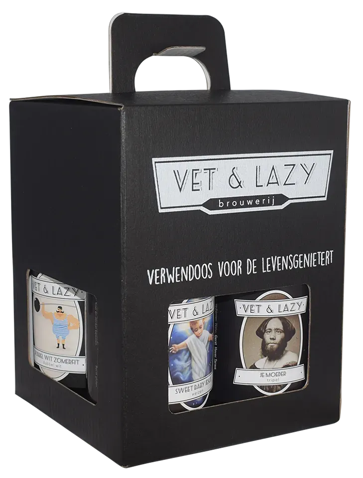 Vet & Lazy bier pakket met drie blikken bier – Barre Wit Zomerlit, Sweet Baby Jesus en Je Moeder bier in luxe zwarte doos