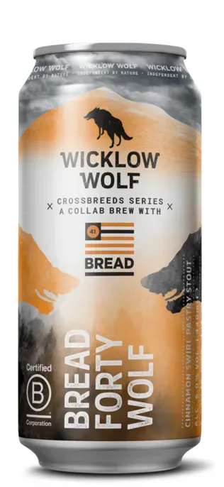 Blik Bread Forty Wolf bier van Wicklow Wolf, pastry stout met kaneel in beige-zwart design