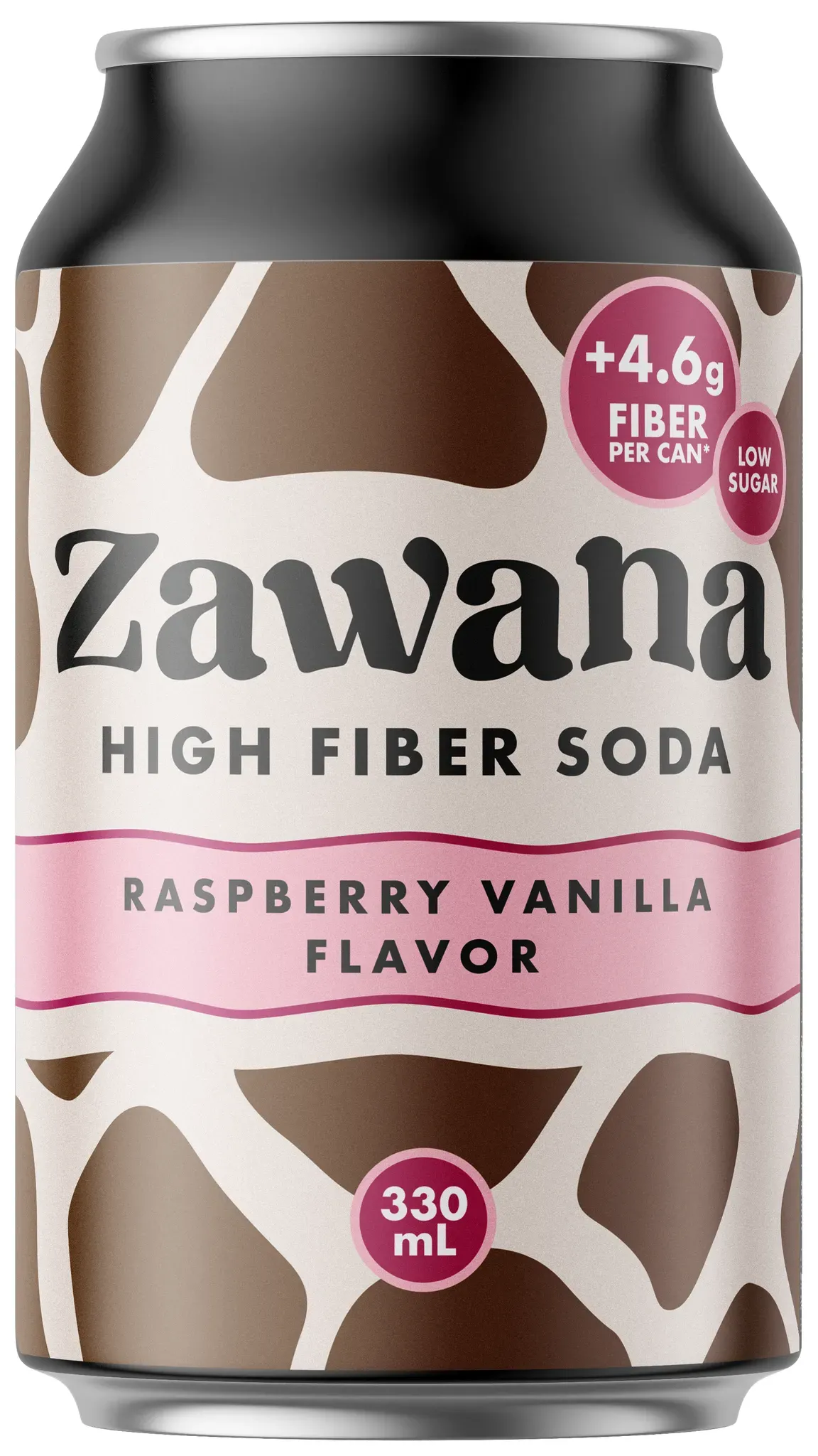 Zawana frisdrankblik met framboos-vanillesmaak, giraffeprint en roze accenten. High fiber soda met weinig suiker.