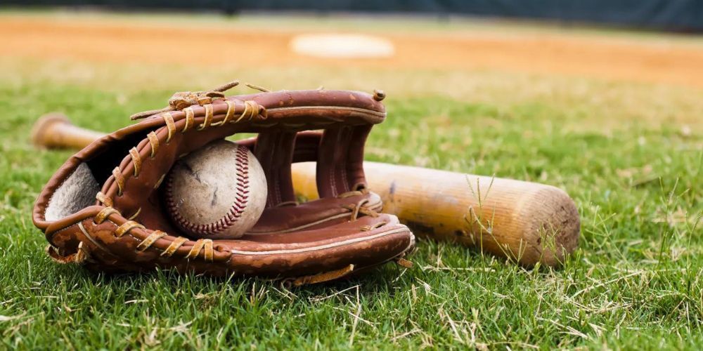 baseball glove on field with ball inside and a bat next to it