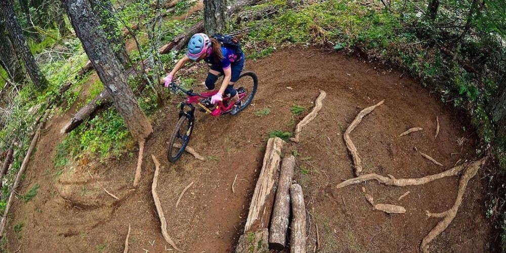 A person is riding a bike on a trail in the woods.