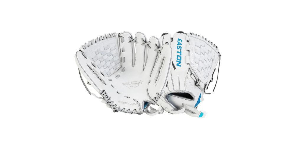 A pair of white and blue baseball gloves on a white background.