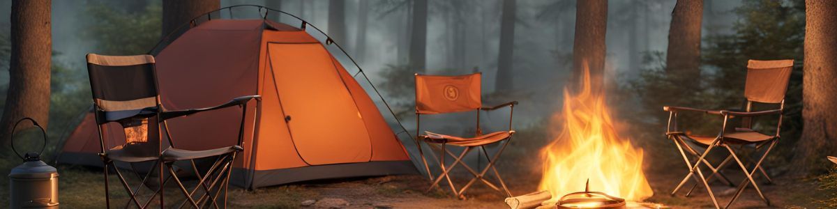 A tent and chairs are sitting around a campfire in the woods.