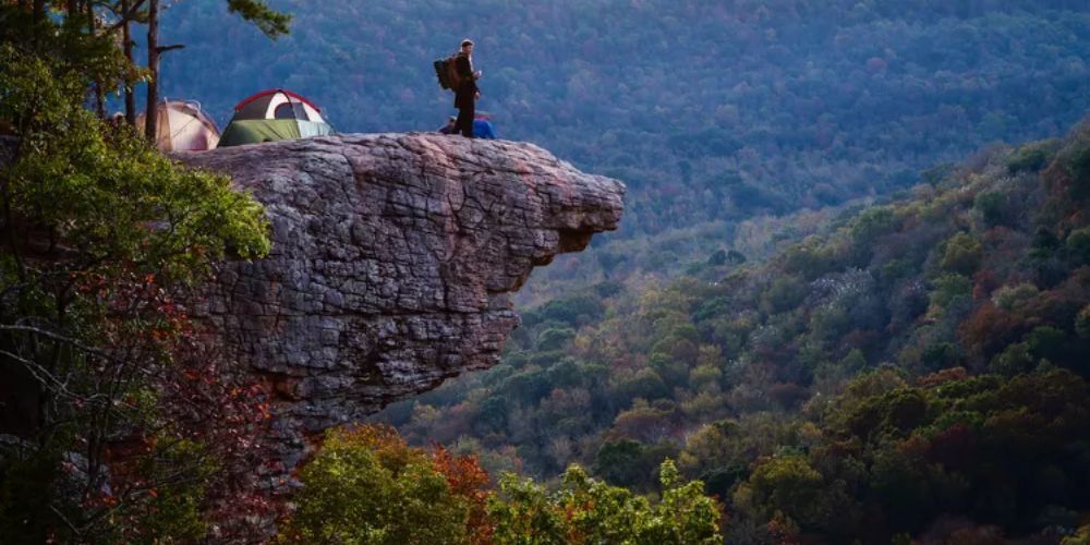 Riverbank campsite with sunset views in Arkansas