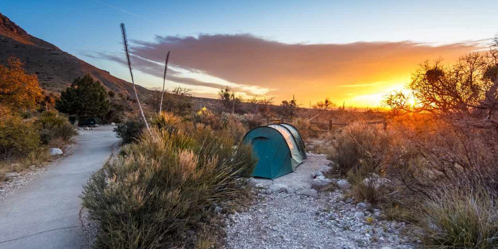 Tent camping at Big Bend National Park in Texas with mountain views