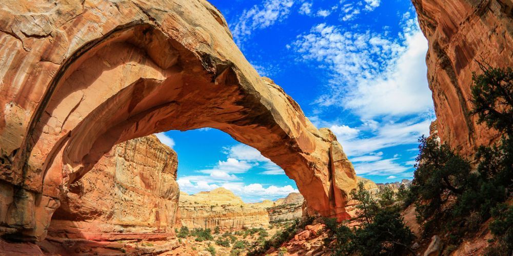 A large rock arch in the middle of a canyon.