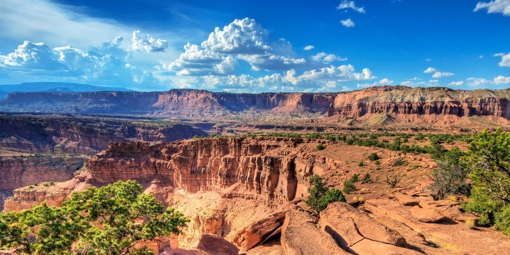 A view of a canyon with mountains in the background.