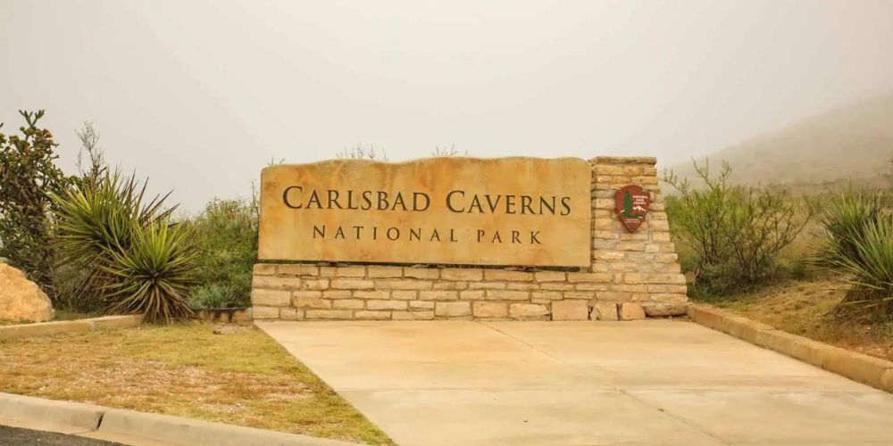 A sign for carlsbad caverns national park is sitting on the side of a road.