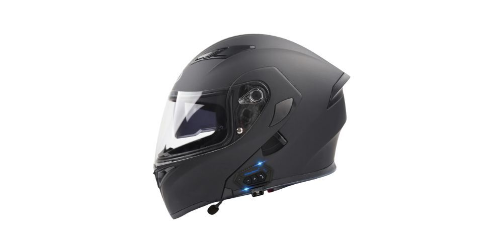 A black motorcycle helmet with a microphone attached to it on a white background.