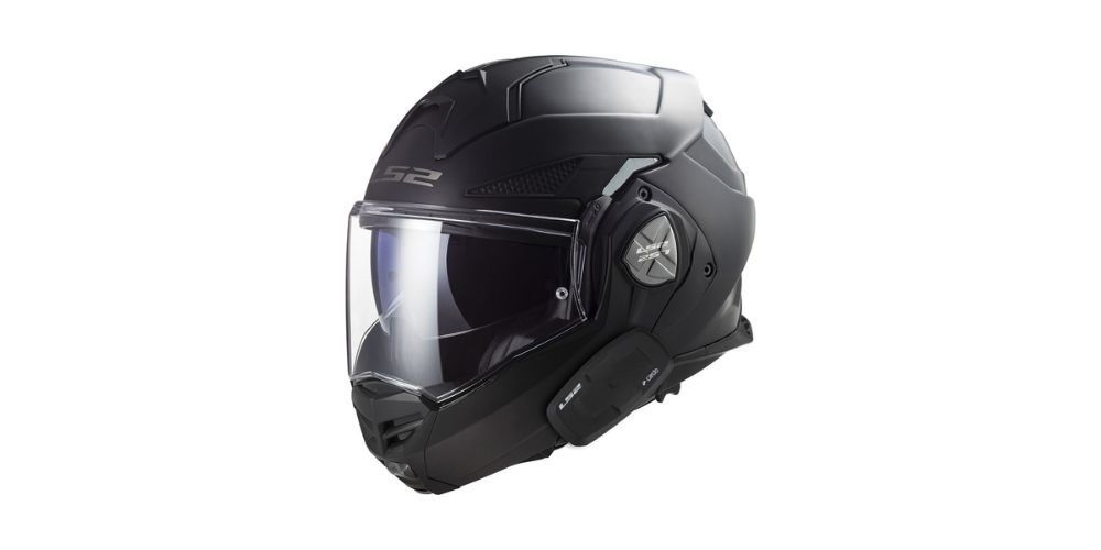 A black motorcycle helmet with a clear visor on a white background.