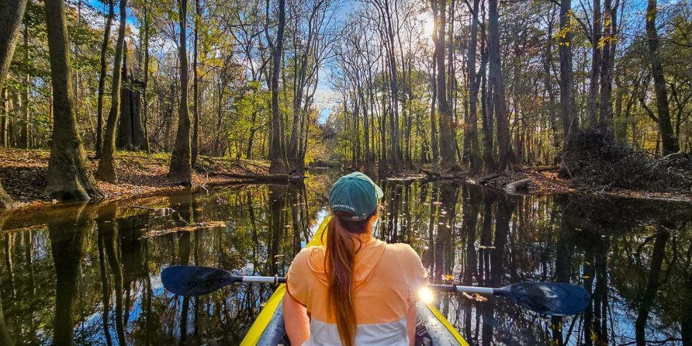 A woman is riding a kayak down a river in the woods.