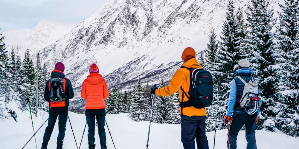 A group of people are standing in the snow looking at a snowy mountain.