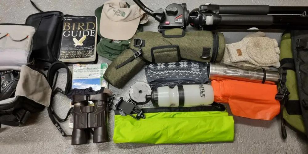 A bunch of items on a table including binoculars and a bird guide book