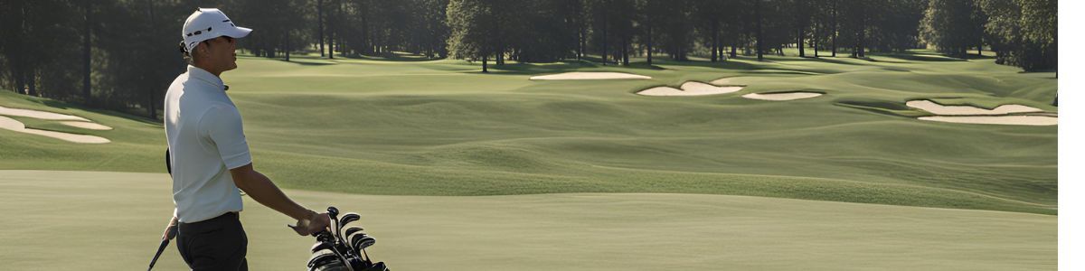 A man is standing on a golf course holding a golf bag.