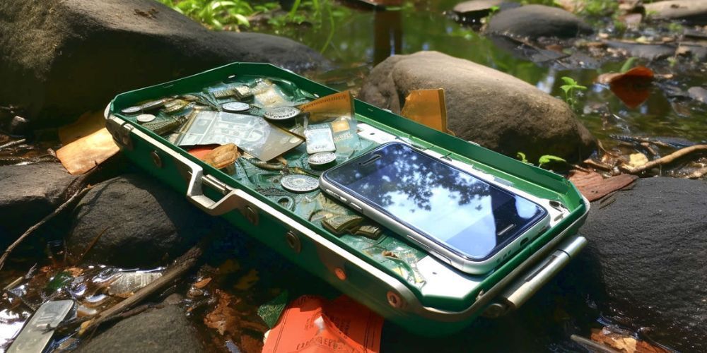 A green suitcase filled with coins and a cell phone