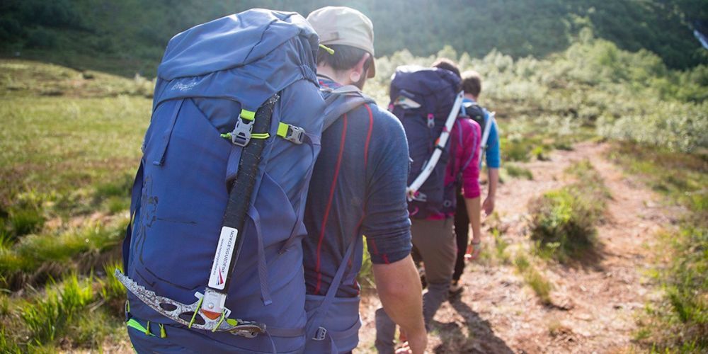 2 people with hiking backpacks going down a trail