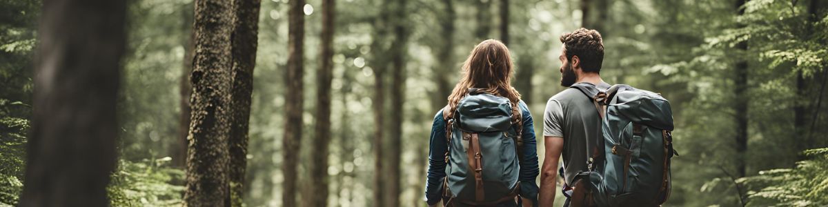 A man and a woman with backpacks are walking through a forest.