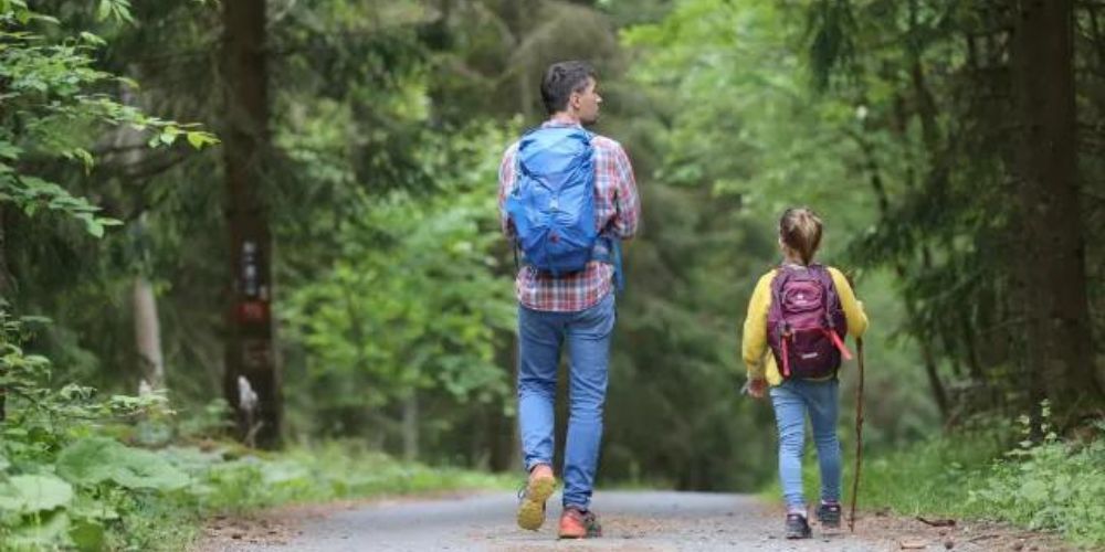 A man and a child are walking down a path in the woods.