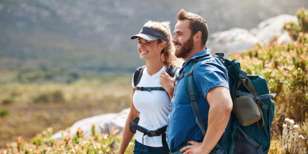 A man and a woman are hiking in the mountains.