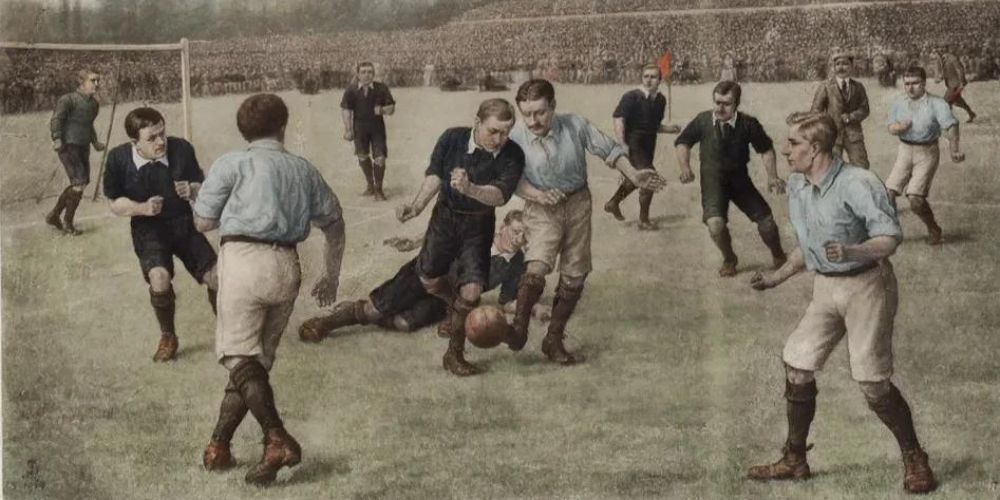 A group of men are playing soccer on a field.