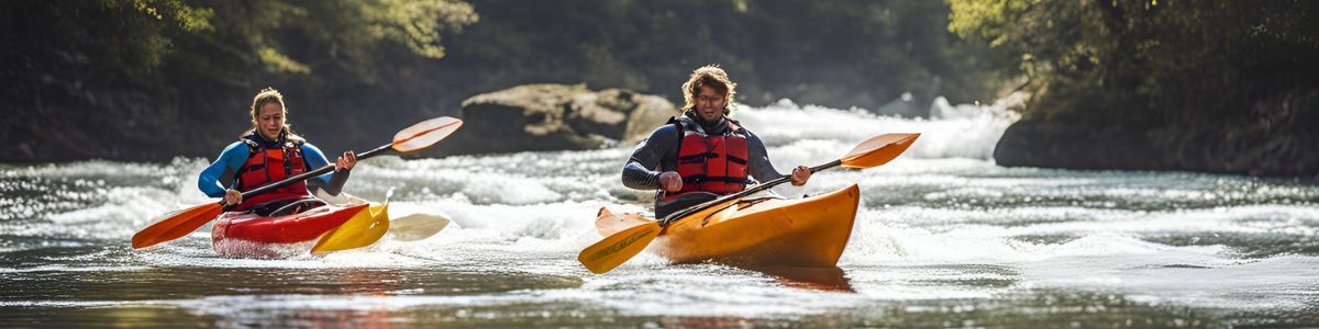 Two people are paddling kayaks down a river.