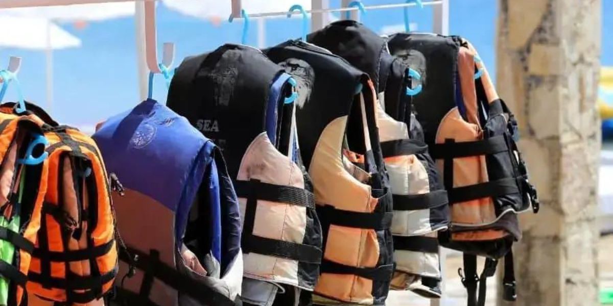 life jackets hanging on hangers