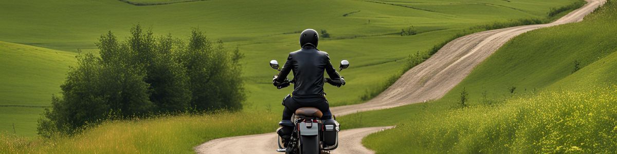 A man is riding a motorcycle down a dirt road.