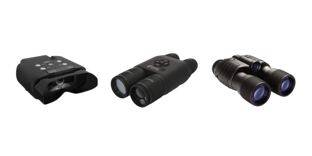 Three binoculars are sitting next to each other on a white background.