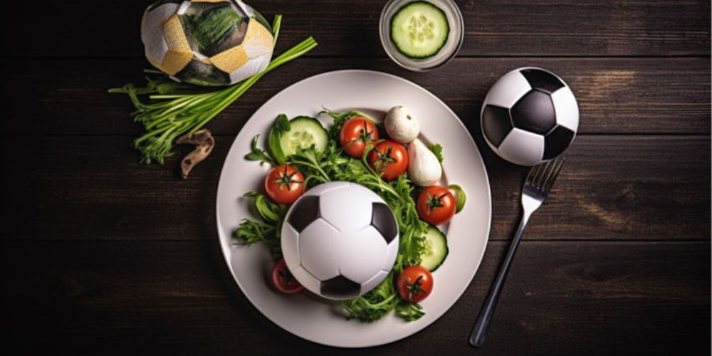 A plate of food with a soccer ball made out of vegetables on a wooden table.