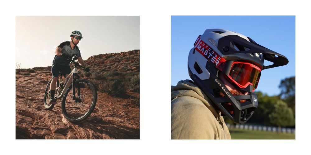 A man is riding a bike on a dirt road and wearing a helmet and goggles.