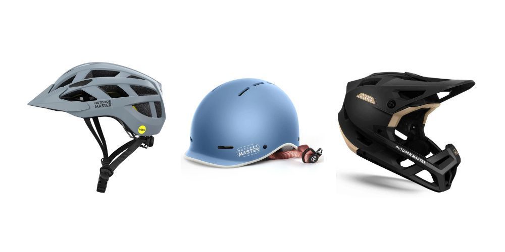 Three different types of helmets are sitting next to each other on a white background.