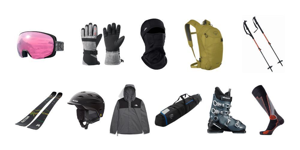 A variety of ski equipment including gloves , helmets , skis , boots and poles