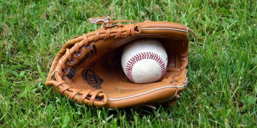 A baseball is in a baseball glove on the grass.