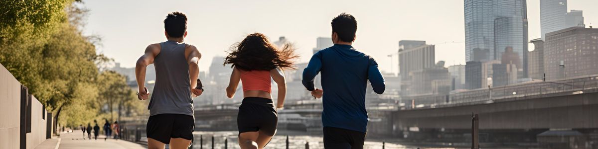 Three people are running in front of a city skyline.