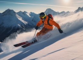 A person is skiing down a snow covered mountain.