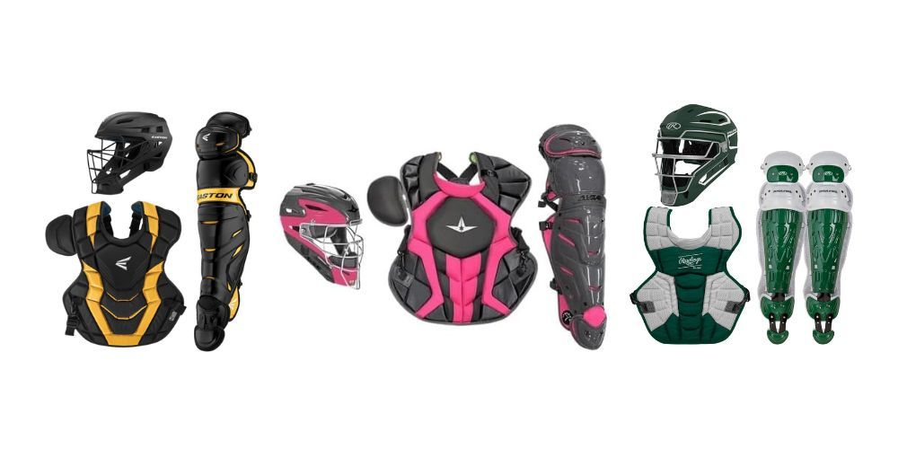 There are many different types of catcher 's gear on a white background.