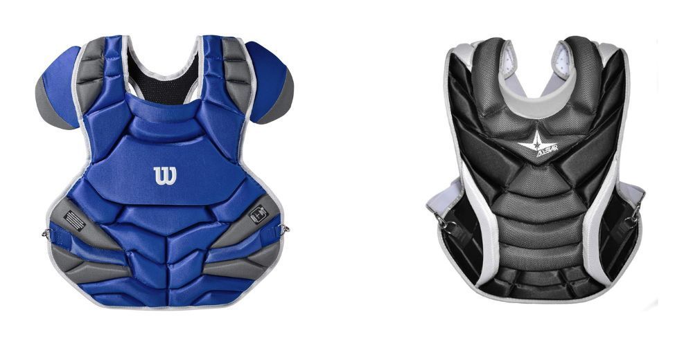 A blue and a black baseball catcher 's chest protector