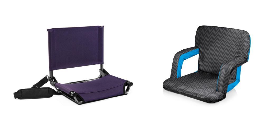 A purple folding chair and a black folding chair on a white background.