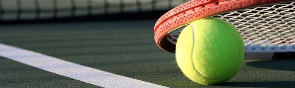 A tennis ball is sitting on a tennis court next to a tennis racket.