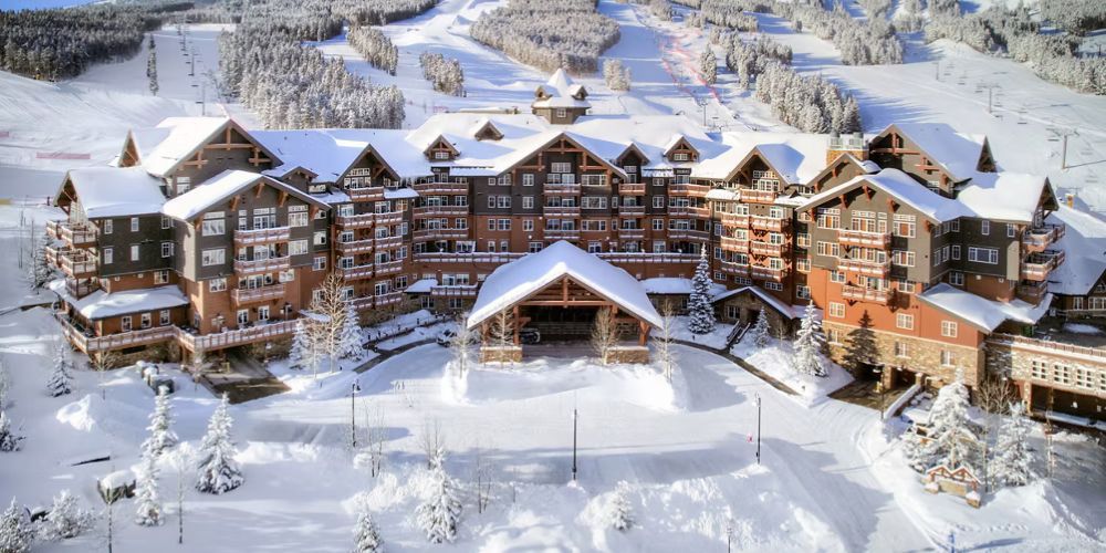 An aerial view of a ski resort covered in snow.