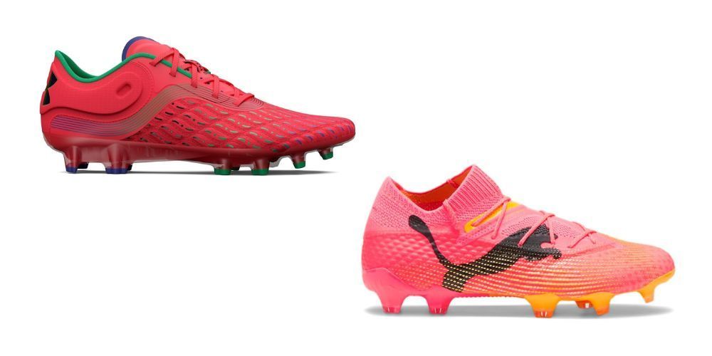 A pair of pink and orange soccer cleats on a white background.