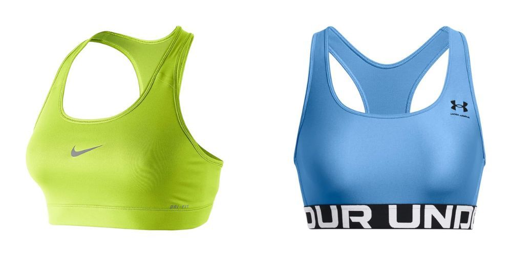 A green nike sports bra and a blue under armour sports bra