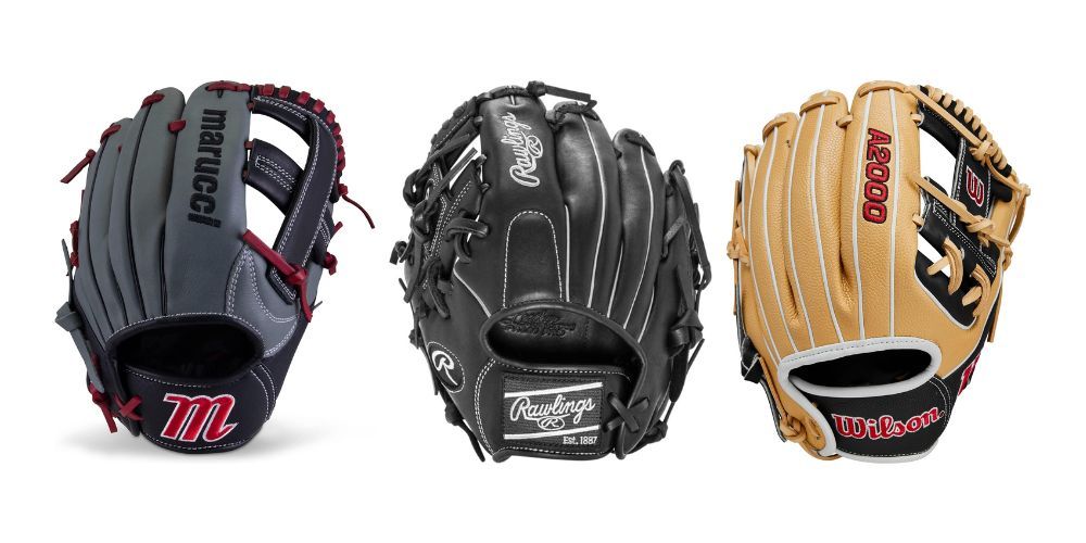 Three baseball gloves are sitting next to each other on a white background.