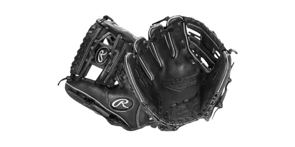 A black and white photo of a baseball glove on a white background.